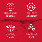 A red promotional graphic featuring four icons showcases the key attributes of the Swiss Navy Premium Anal Lubricant with Clove: "Highest Grade Silicone," "Long Lasting Lubrication," "Non-Sticky Formula," and "Silky Smooth Feel." Beneath each feature description, two hands cradle a water drop, emphasizing this exceptional lubricant from Swiss Navy.